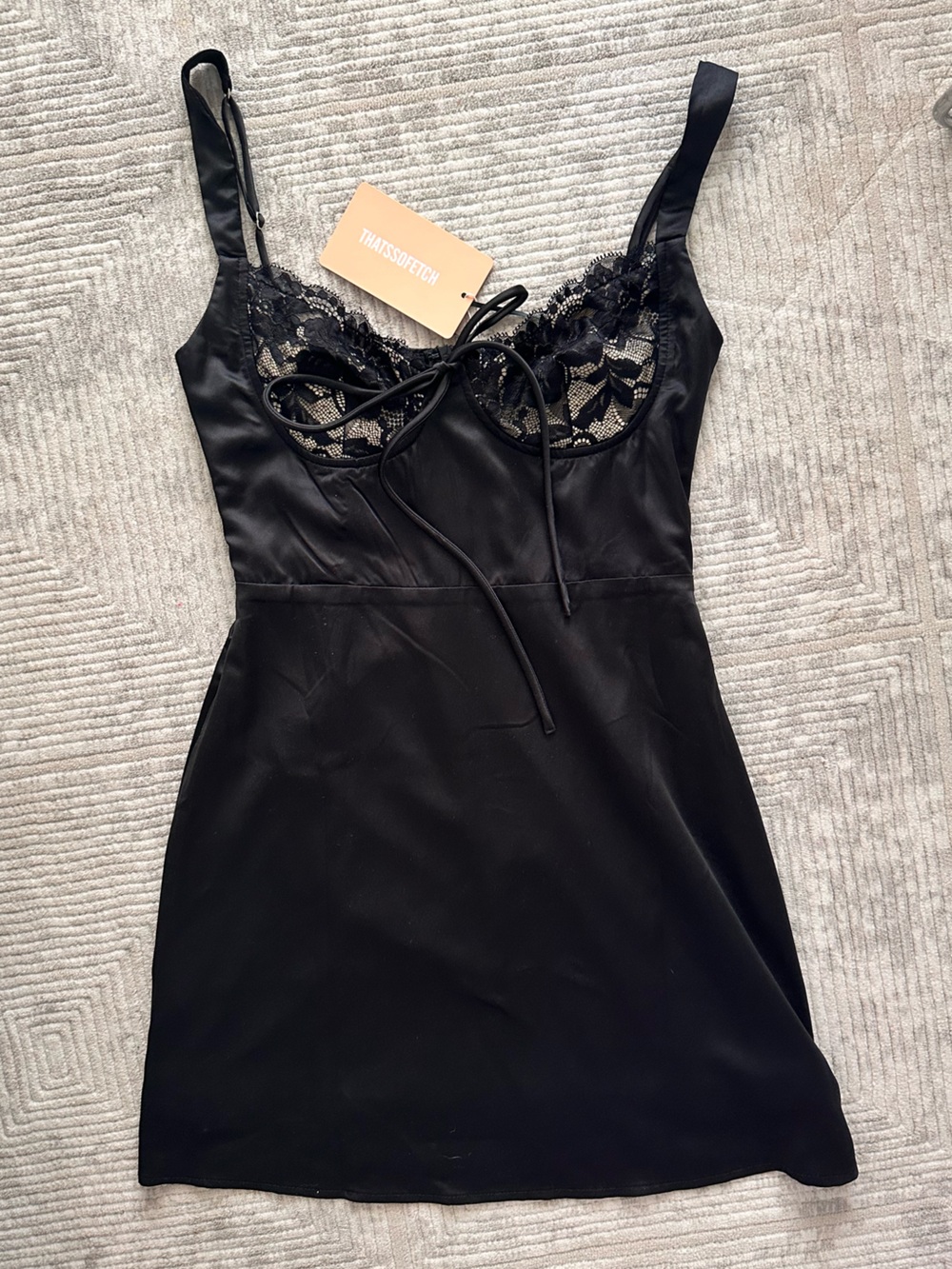 Black Lace-Trim Satin Mini Dress - Picture 4 of 6